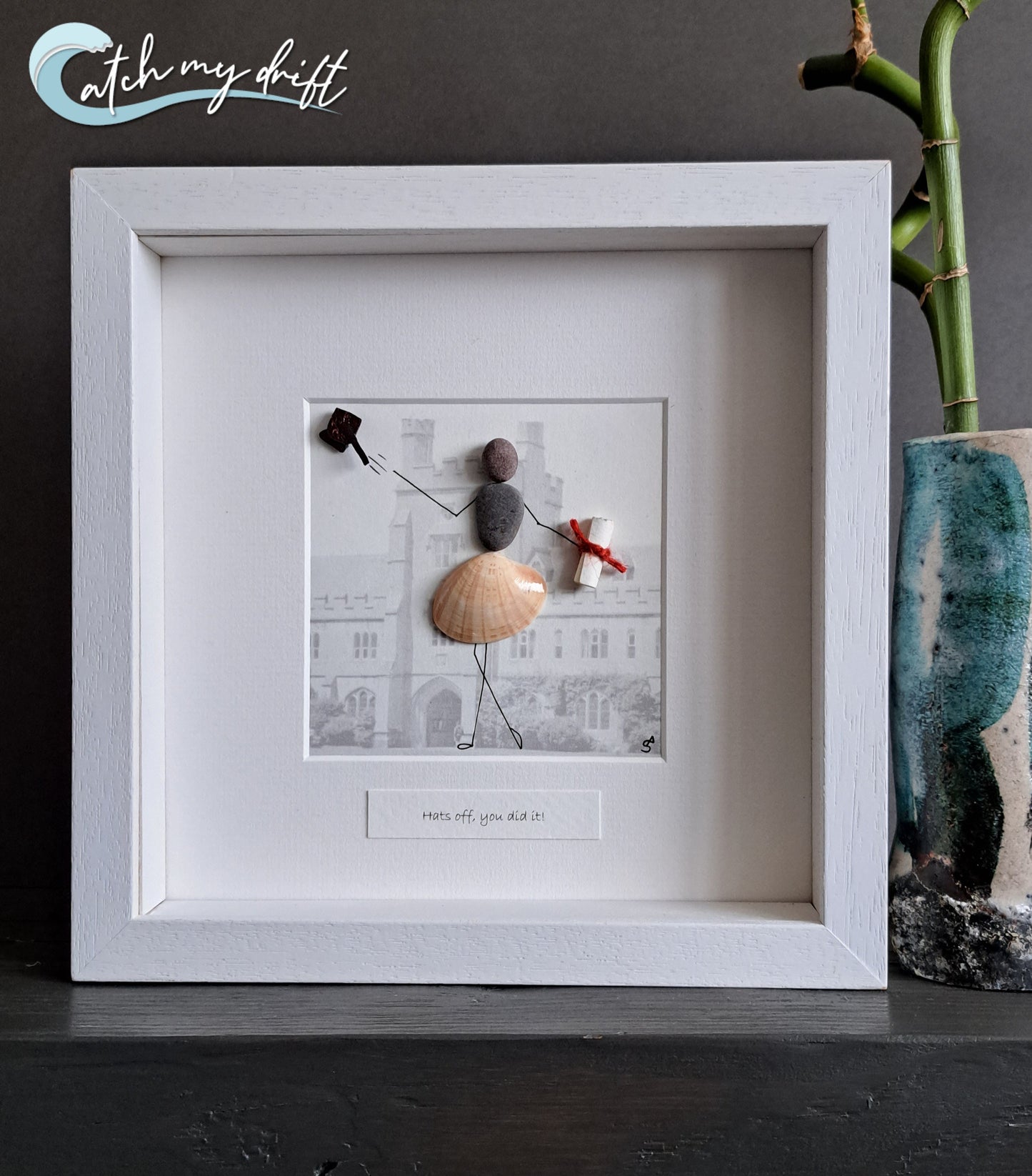 UCC Graduation gift | Graduate gift | Mortar board & scroll | Sustainable & personalised gift | Irish Pebble & Shell Art