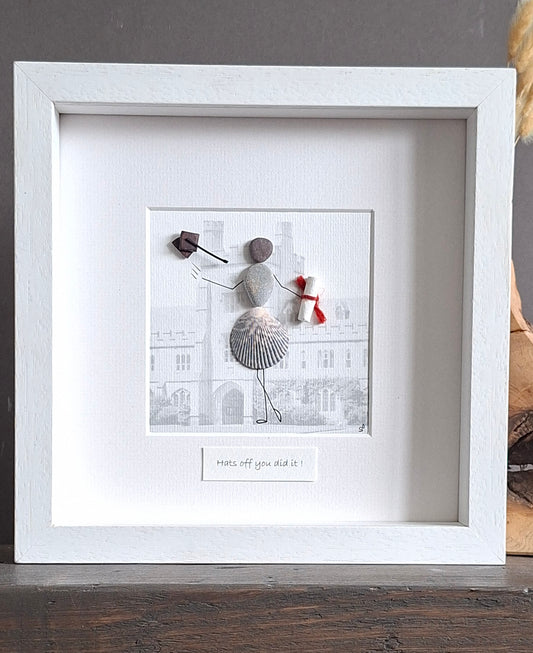 UCC Graduation Gift | Graduate Gift  | Mortar Board & Scroll | Sustainable & Personalised gift | Irish Pebble & Shell Art | Made to order