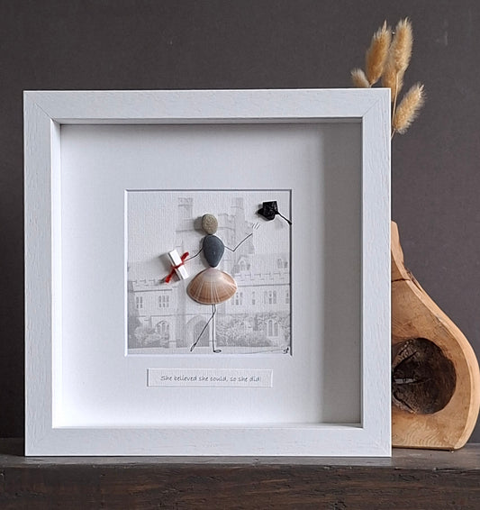 UCC Graduation Gift | Graduate Gift  | Mortar Board & Scroll | Sustainable & Personalised gift | Irish Pebble & Shell Art | Made to order