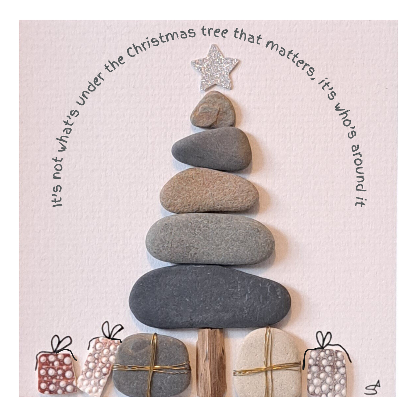 Festive Christmas card with the quote ‘It’s not what’s under the Christmas tree that matters, it’s who’s around it,’ cheerful and cosy christmas design