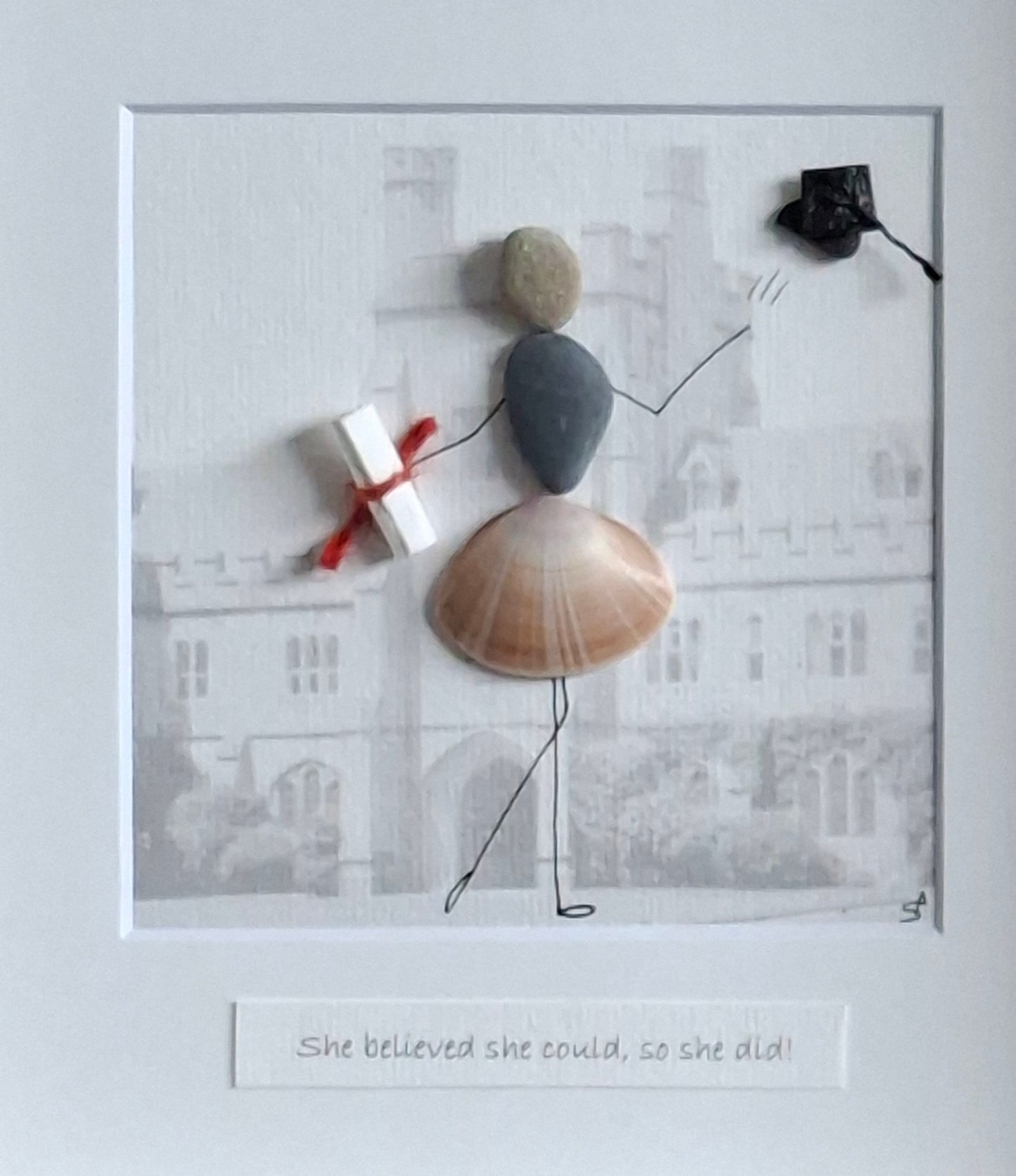 UCC Graduation Gift | Graduate Gift  | Mortar Board & Scroll | Sustainable & Personalised gift | Irish Pebble & Shell Art | Made to order